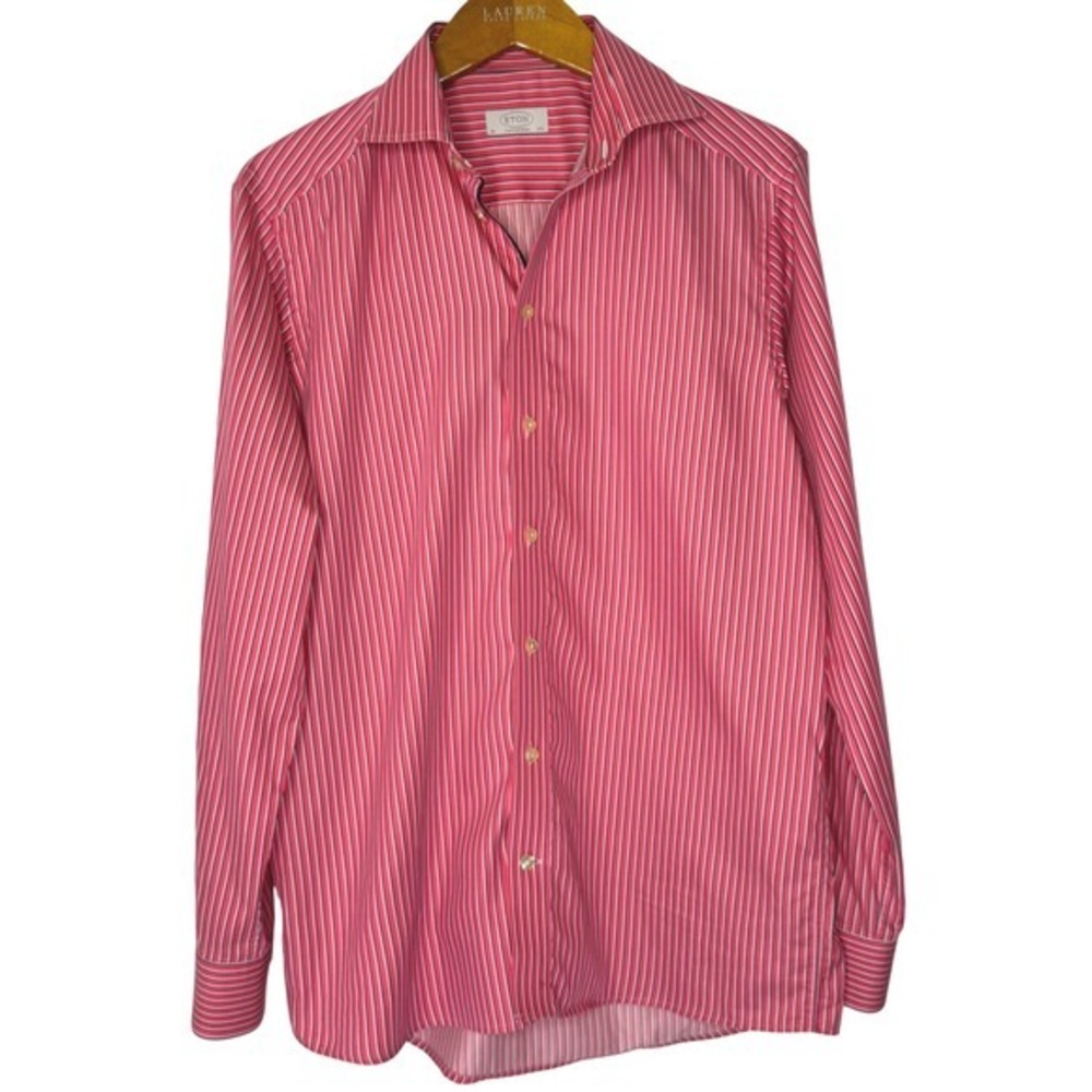 Eton Pink Striped Cotton Button Front Shirt 40 15 3/4